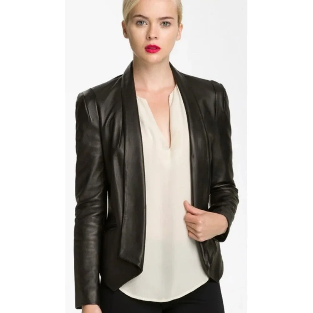 Rebecca‎ Minkoff Becky Black Lambskin Leather Open Front Blazer Jacket ASOTV XS